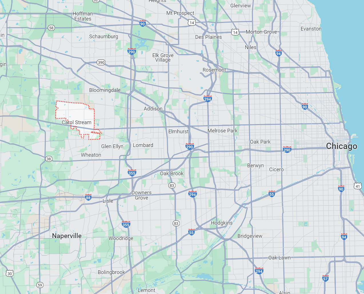 Party Bus Services Area Map in Carol Stream Illinois