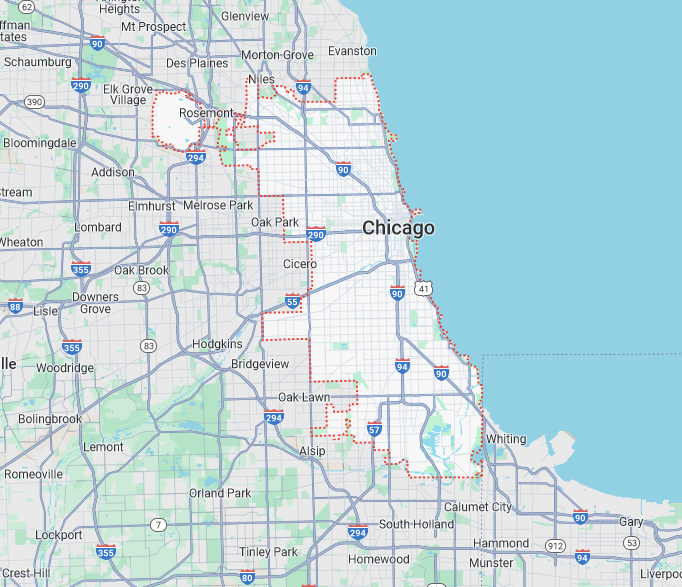 Party Bus Rental Service Area Map for Chicago, Illinois