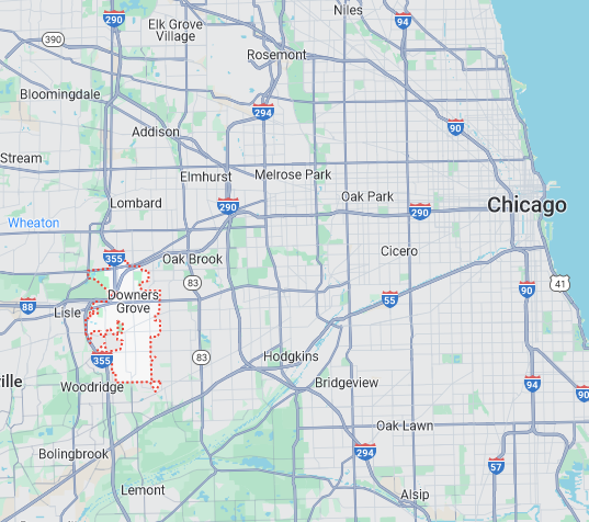 Party Bus Service Map for Downers Grove, Illinois