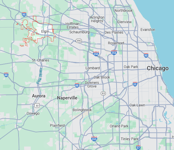 Elgin, Illinois Service Map for Party Bus Rentals