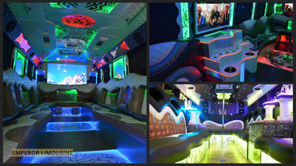 Luxurious Emperor Limousine party bus interiors featuring ambient LED lighting, luxurious leather seating, premium sound systems, and elegant on-board bars in Chicago.