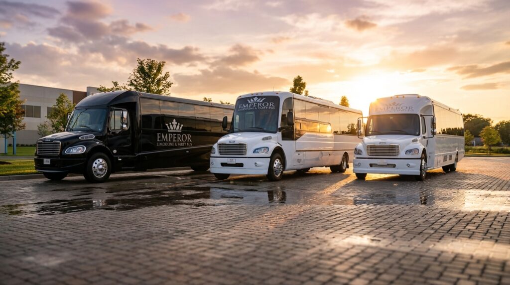 Three luxury party buses parked side by side in a row, showcasing a modern charter bus fleet.