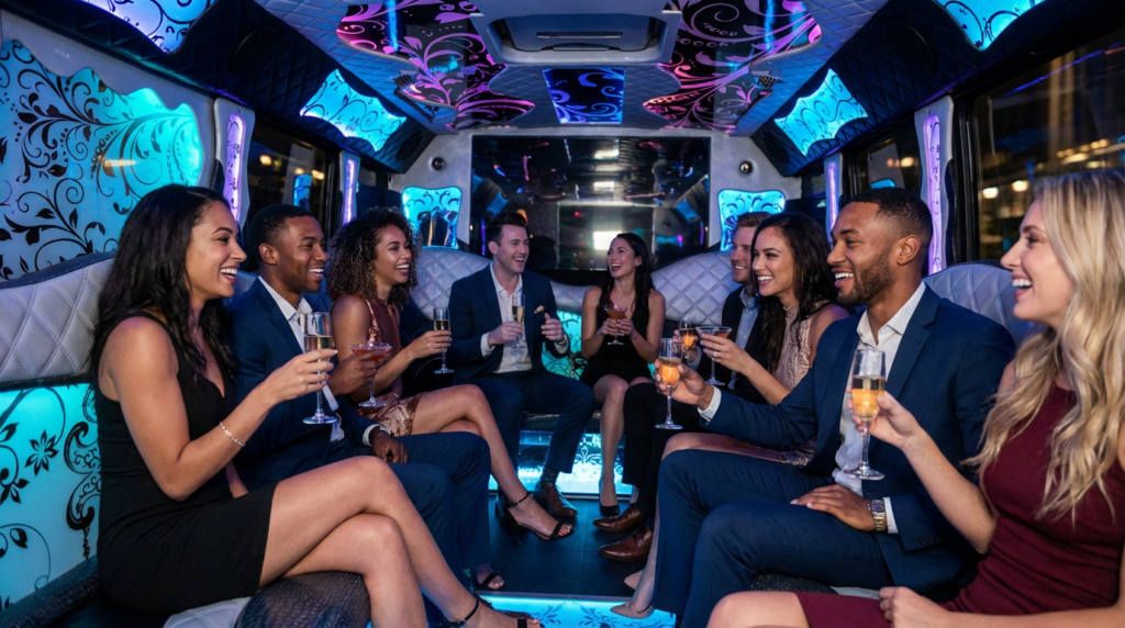 Group of friends enjoying a luxury party bus night out in Chicago