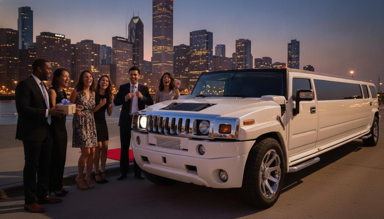Group of friends outside a stretch limousine celebrating a birthday in Chicago.